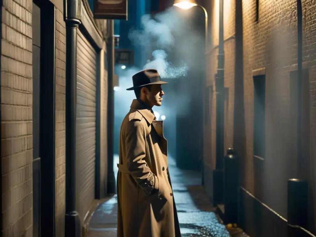 Detective en callejón oscuro de blanco y negro, bajo farola titilante, fumando con determinación