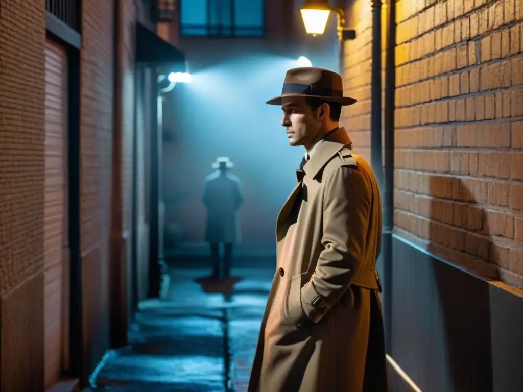 Un detective en un callejón oscuro en blanco y negro, bajo una luz de farola intermitente