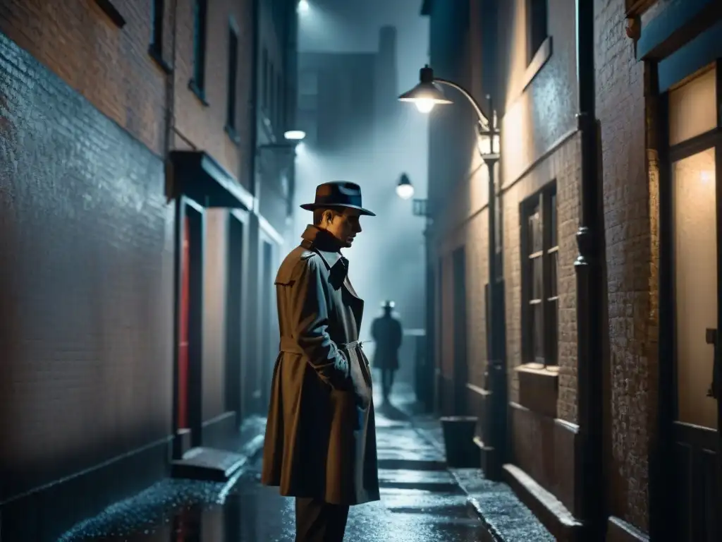 Un detective en un callejón oscuro de blanco y negro, bajo la luz de la farola