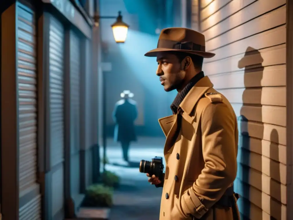 Un detective en un callejón oscuro examinando una cámara vintage rodeado de dispositivos, evocando un ambiente de intriga y misterio