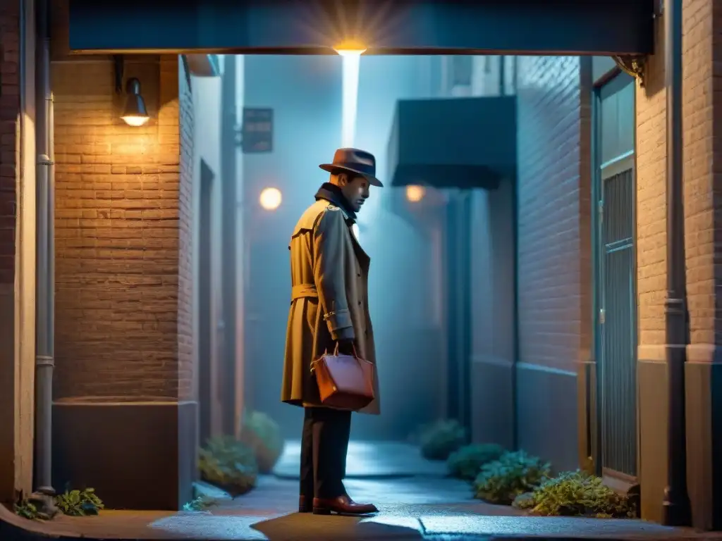 Escena de misterio: detective examina pistas en callejón oscuro Un detective en un callejón oscuro, investigando un caso bajo la luz de la luna