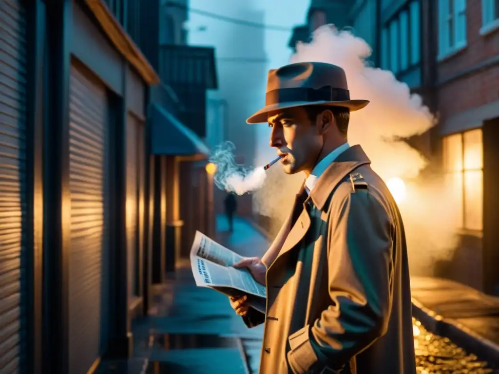 Detective fumando en un callejón oscuro, leyendo sobre casos sin resolver