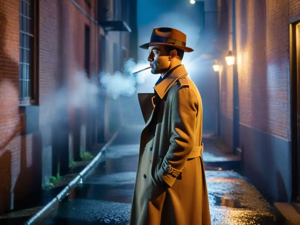 Un detective en un callejón oscuro, con un cigarrillo en la boca, en un escenario iluminado por un coche vintage