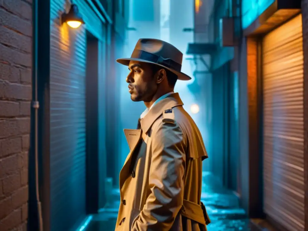 Detective en el callejón oscuro de la ciudad, reflejos de luces de neón, lluvia intensa