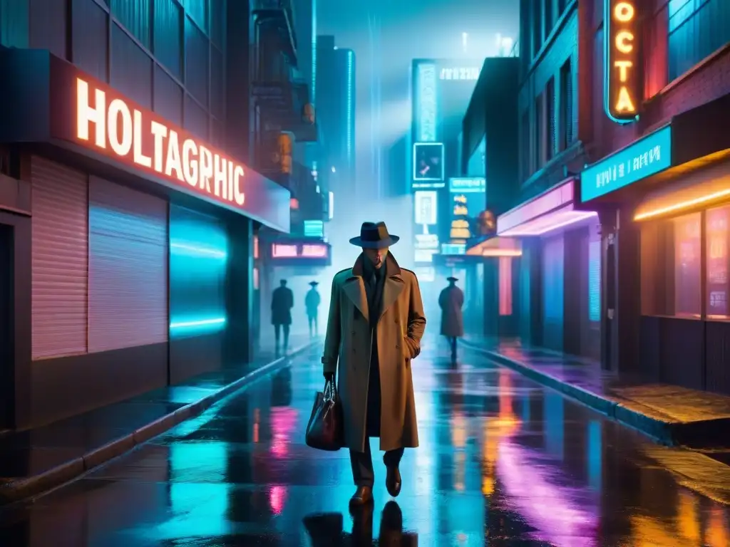 Un detective en un callejón oscuro de una ciudad futurista, iluminado por luces de neón y vehículos flotantes