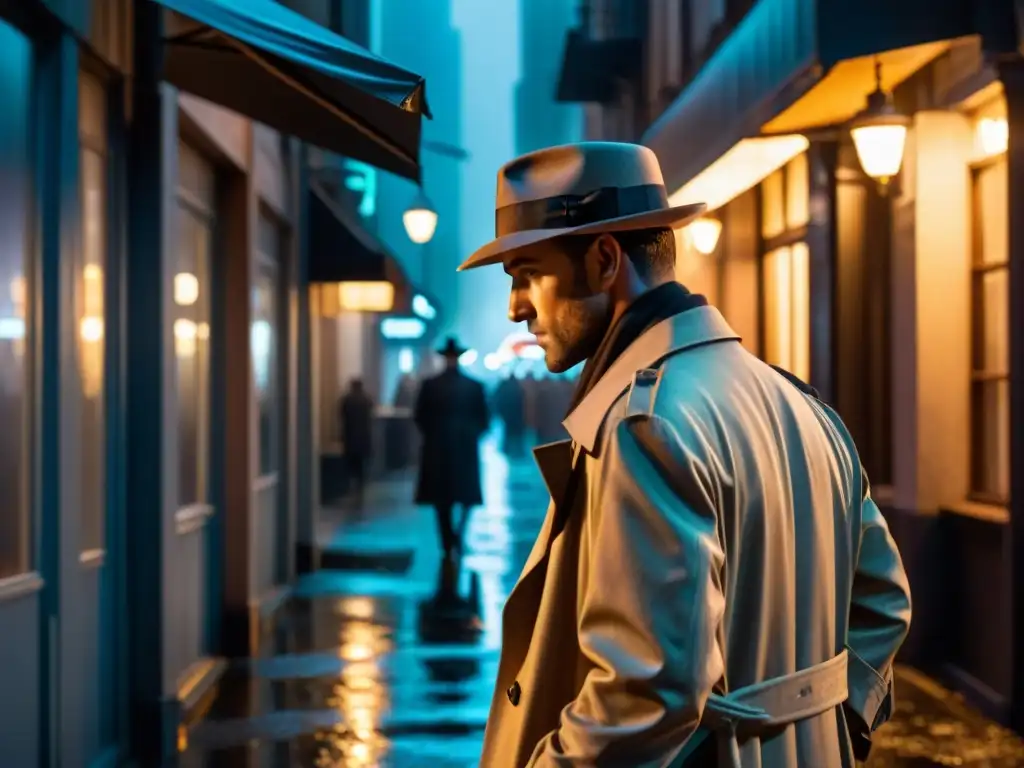 Un detective en un callejón oscuro de la ciudad, bajo la lluvia, rodeado de luces de neón y sombras