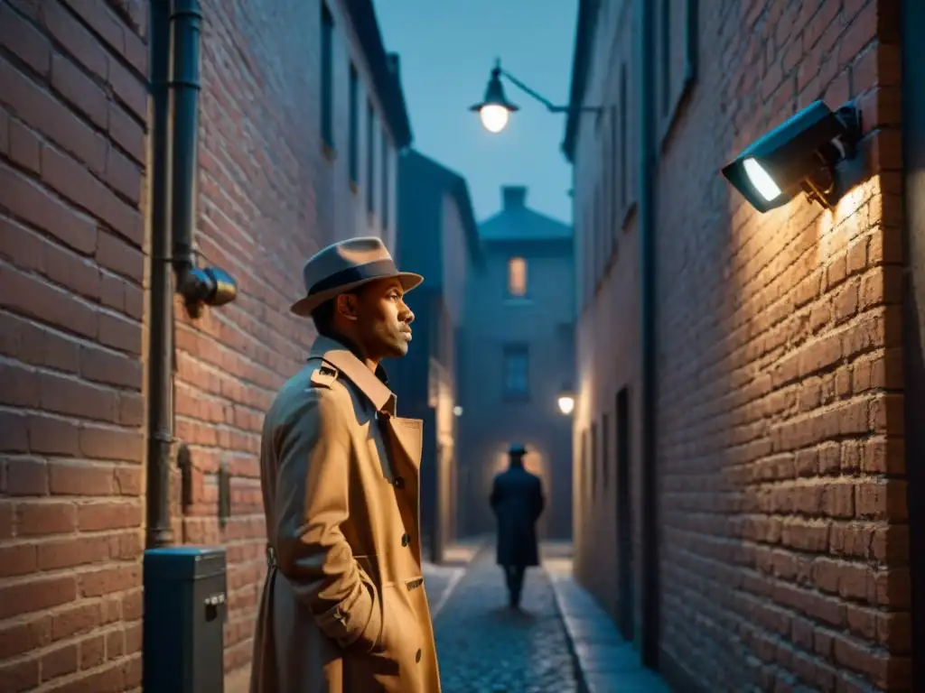 Detective en callejón oscuro de la ciudad, mirando cámaras de vigilancia