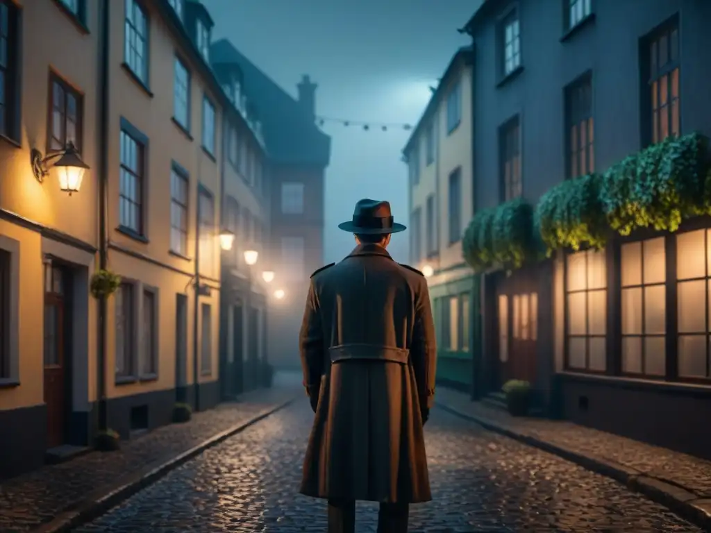 Un detective en un callejón oscuro de una ciudad escandinava, mirando un misterioso edificio cubierto de hiedra