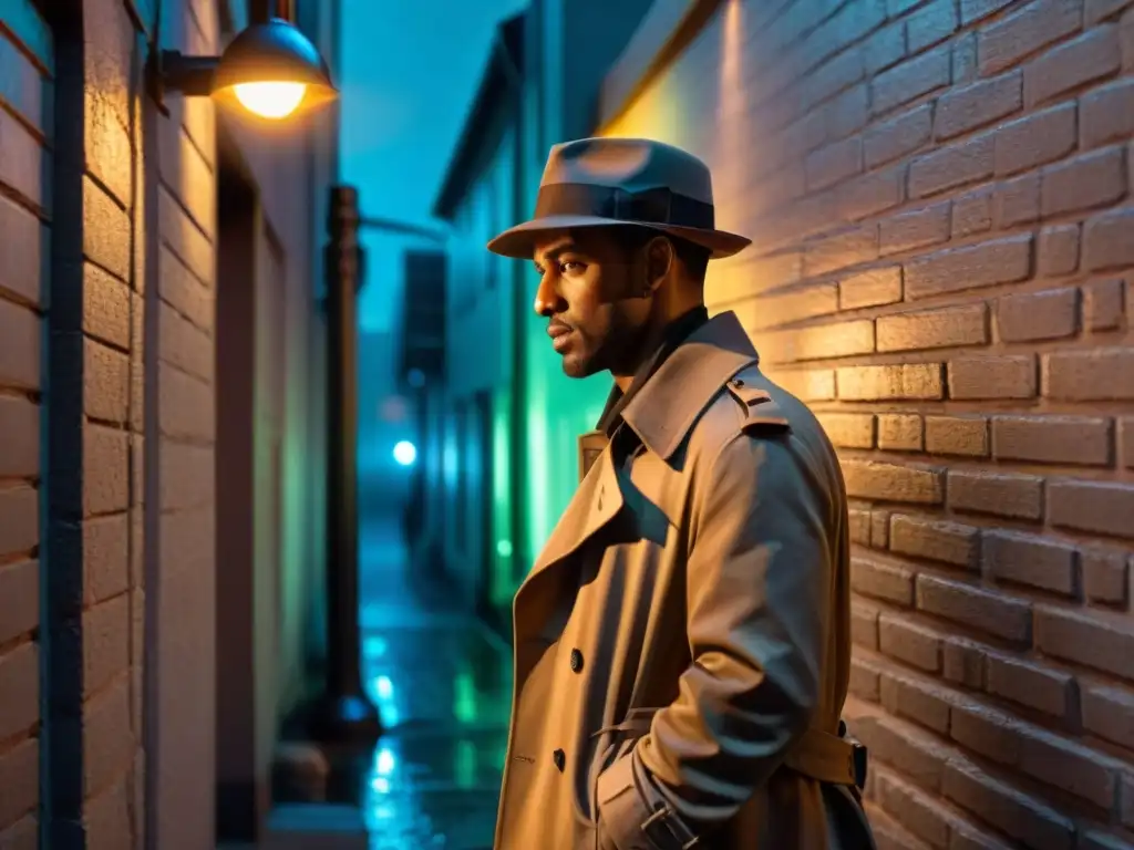 Detective en un callejón oscuro con dispositivo de vigilancia en miniatura bajo la luz de la farola, reflejos neon