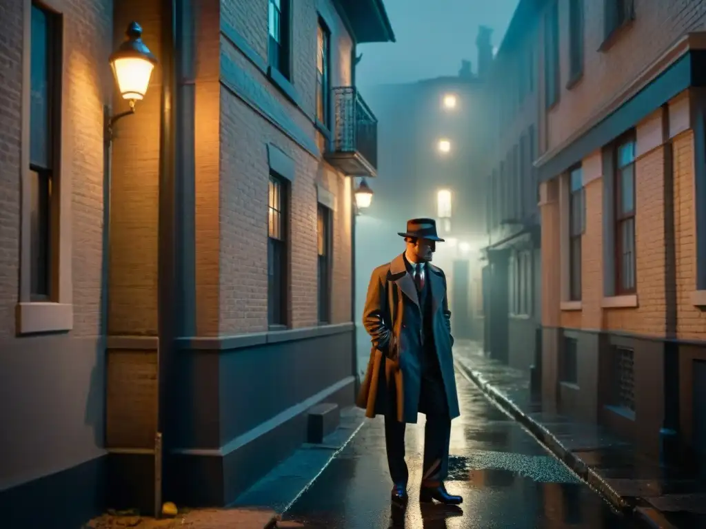 Un detective en un callejón oscuro, mirando un edificio en ruinas bajo la luz de una farola vintage