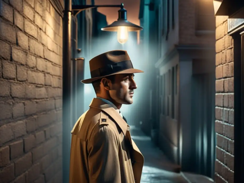 Detective en un callejón oscuro de estilo cine negro, bajo una farola, con un coche vintage en la sombra