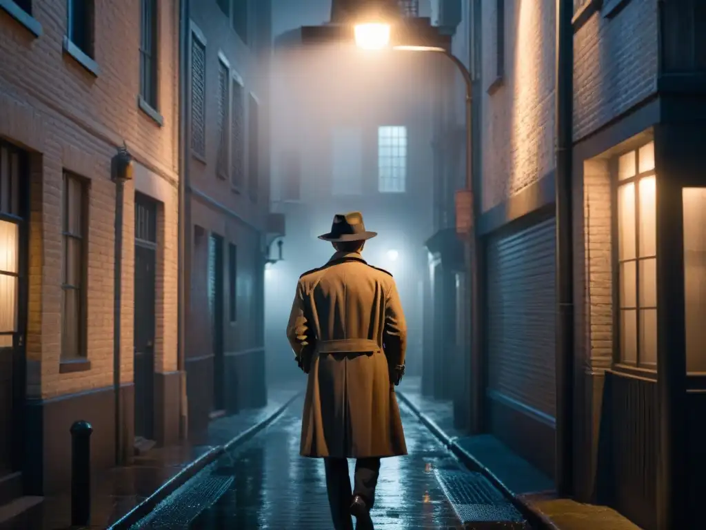 Un detective en un callejón oscuro de estilo Film Noir intercambia un paquete con una figura sombría bajo la luz de una farola