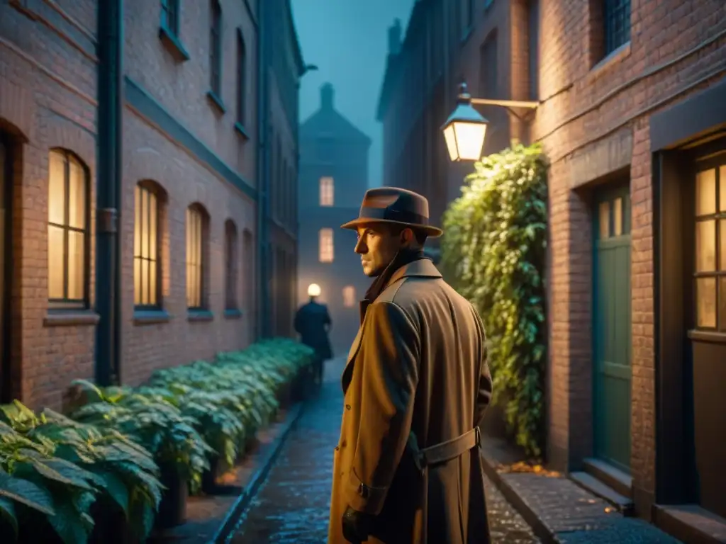 Un detective en un callejón oscuro estilo Film Noir, iluminado por una tenue luz de farola