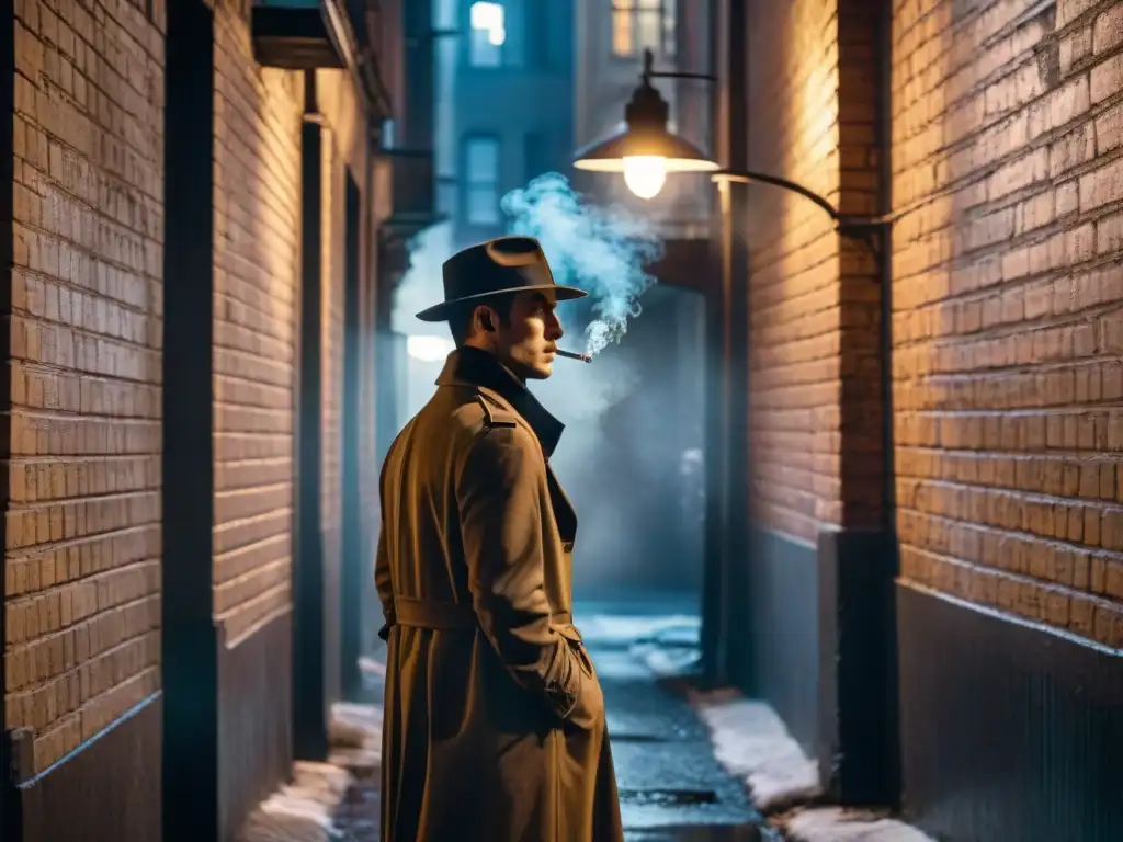 Un detective en un callejón oscuro del estilo noir, bajo una farola parpadeante, fumando un cigarrillo