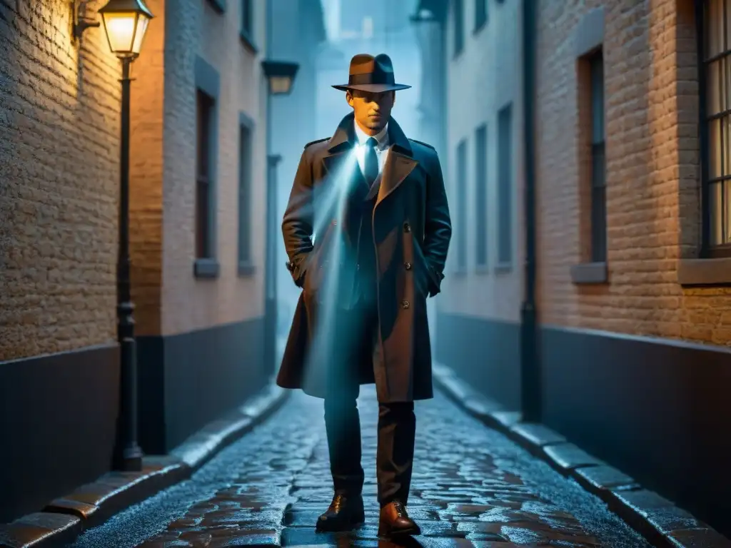 Detective en callejón oscuro bajo farola, reflejos de lluvia