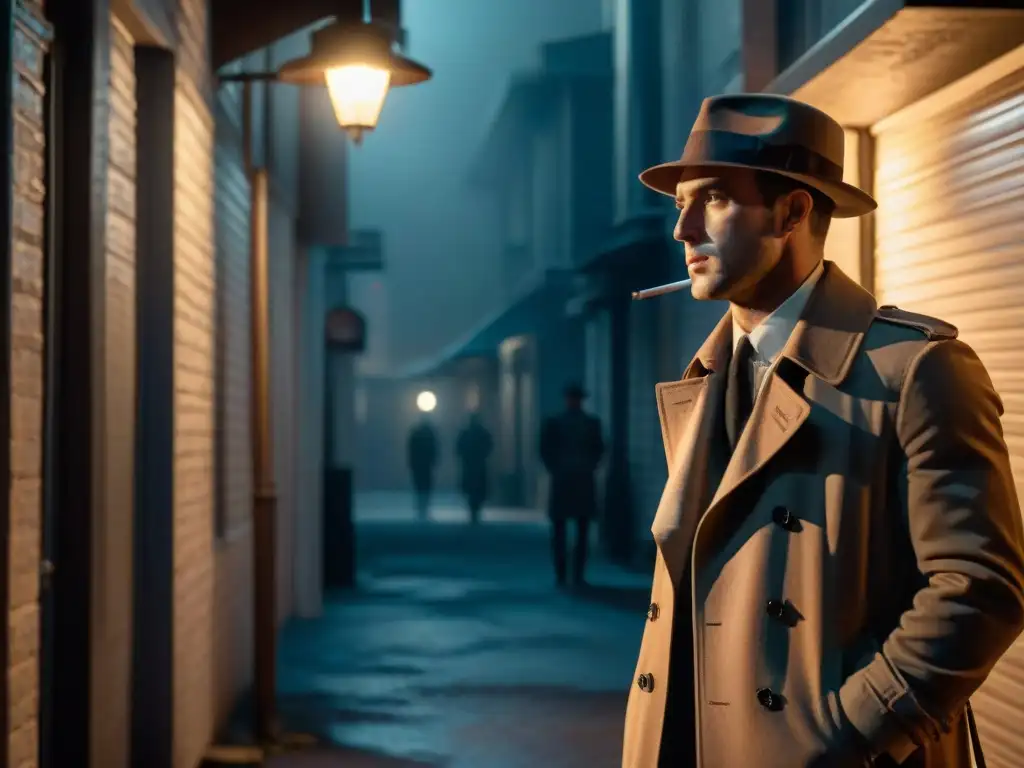 Un detective en un callejón oscuro, observando a una figura misteriosa bajo la luz de la farola