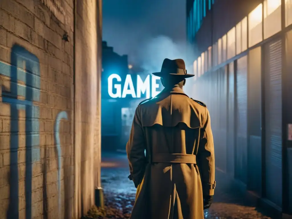 Un detective en un callejón oscuro, frente a un muro con grafitis 'The Game'