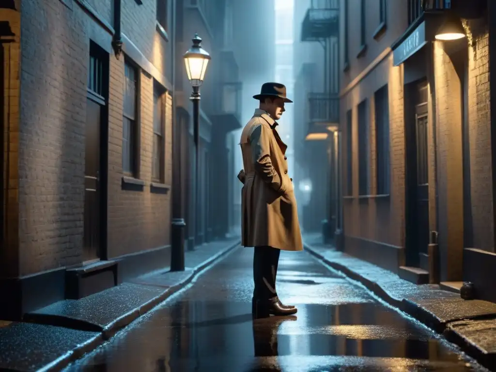 Un detective en un callejón oscuro, inspeccionando huellas bajo la lluvia