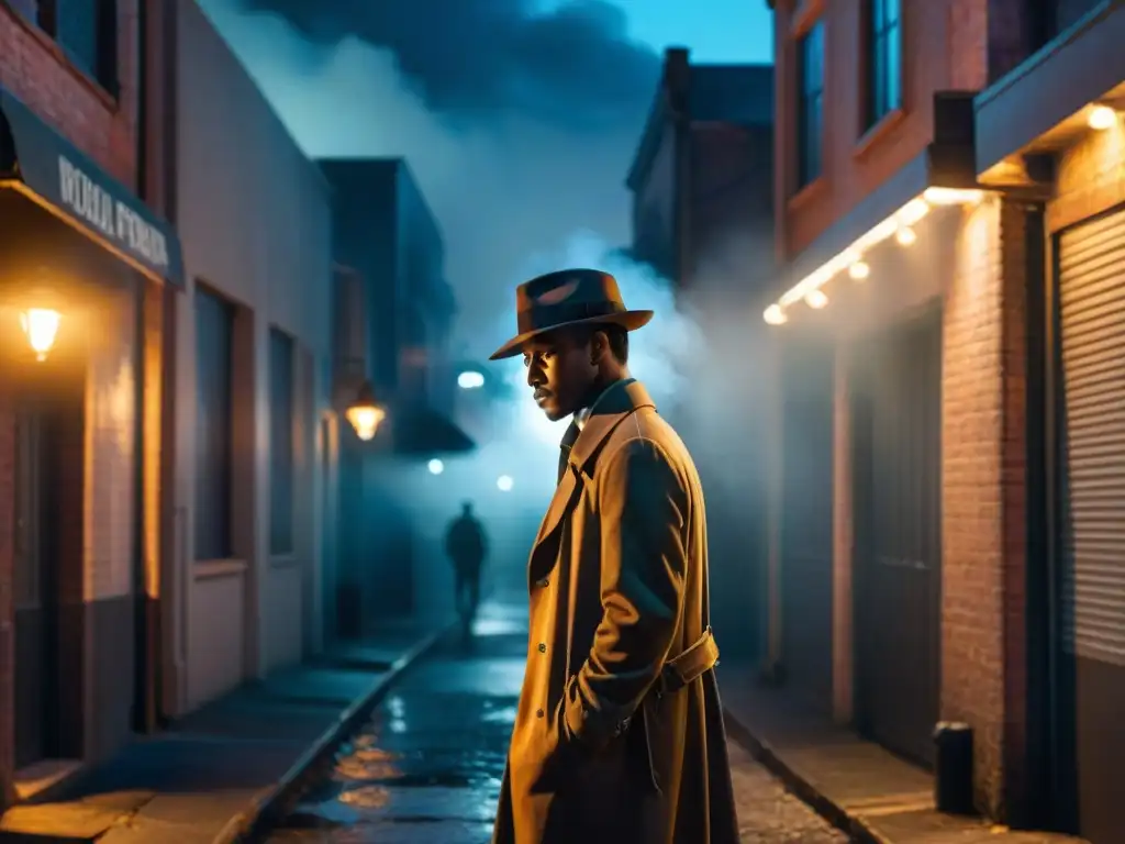 Detective en callejón oscuro, humo de cigarrillo, luces de ciudad lejana