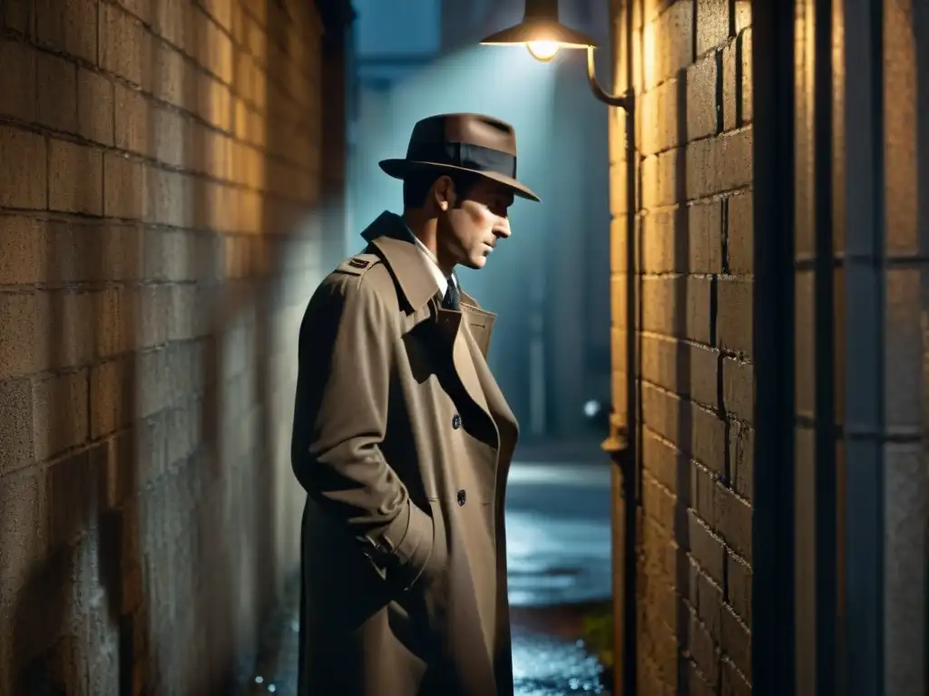 Un detective en un callejón oscuro, iluminado por una farola, con un estilo propio de películas detectives