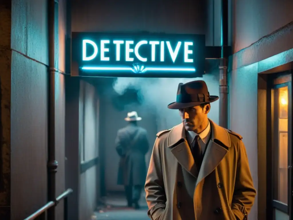 Alleyway noir: Agente detective en sombras Un detective en un callejón oscuro, iluminado por un letrero de neón que dice 'Detective Agency'