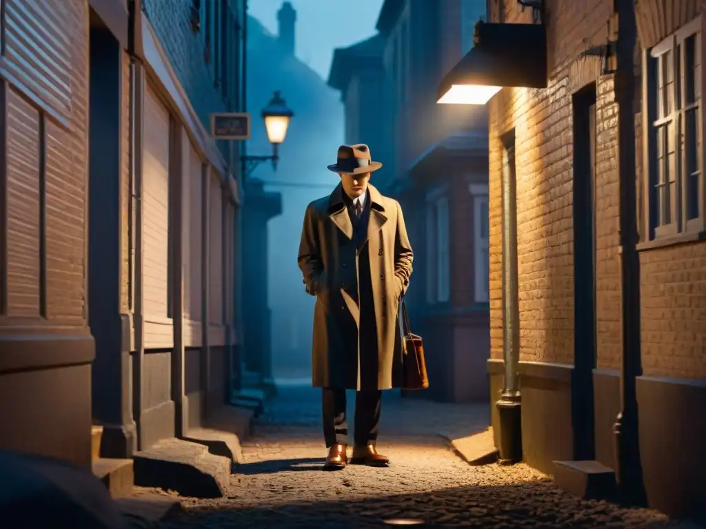 Escena de noir: detective en oscuro callejón con magnifying glass Un detective en un callejón oscuro, iluminado por una tenue luz de farola, investiga una pista