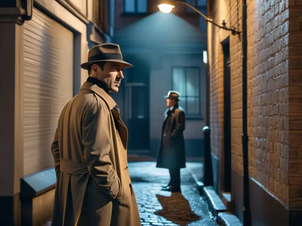 Noche de misterio: detective solitario bajo farola en callejón sombrío Detective en callejón oscuro, iluminado por farola, en blanco y negro