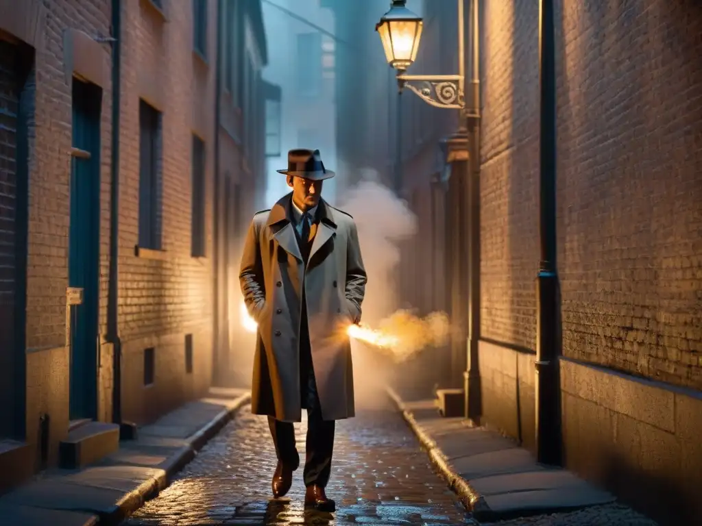 Misterio en la oscuridad: detective en callejón sombrío Un detective en un callejón oscuro, iluminado por una farola titilante, con una figura misteriosa acechando