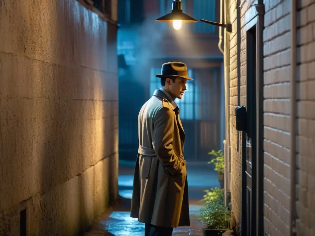 Detective en callejón oscuro: misterio y seguridad personal Un detective en un callejón oscuro iluminado por una lámpara de calle antigua, observando a una figura misteriosa en las sombras