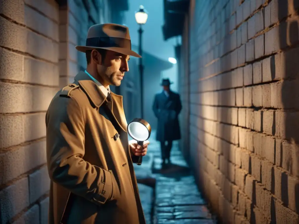 Un detective en un callejón oscuro, iluminado por una farola, investigando pistas