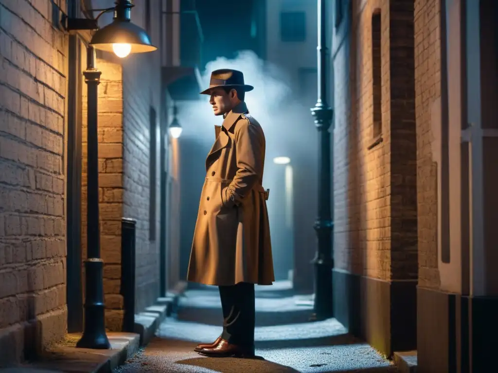 Detective en la sombra: misterio y suspense en el callejón Un detective en un callejón oscuro, iluminado por una farola, examina una pista misteriosa