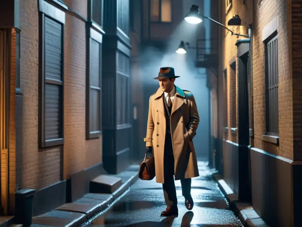 Un detective en un callejón oscuro, iluminado por la luz de una farola