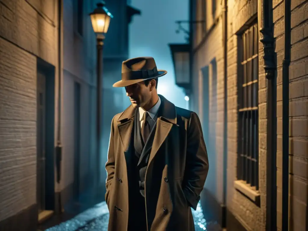 Un detective en un callejón oscuro, iluminado por la luz tenue de una farola parpadeante