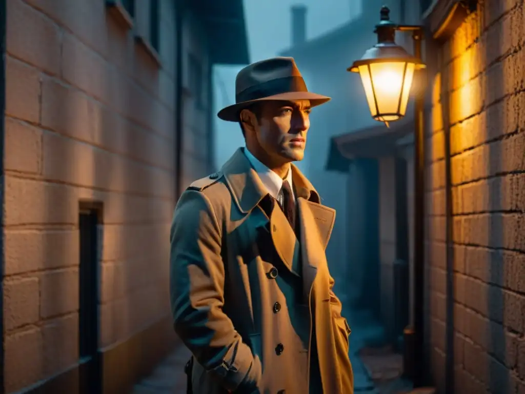 Un detective en un callejón oscuro, iluminado por una farola, mirando con determinación