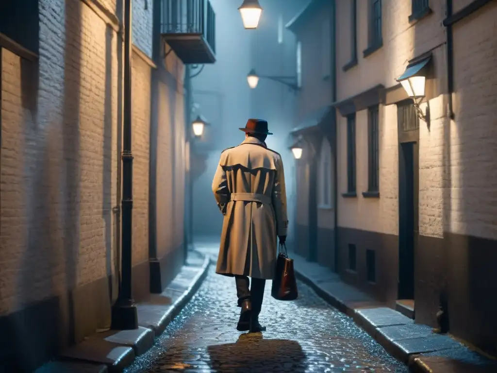 Un detective en un callejón oscuro, iluminado por una farola, examina una nota