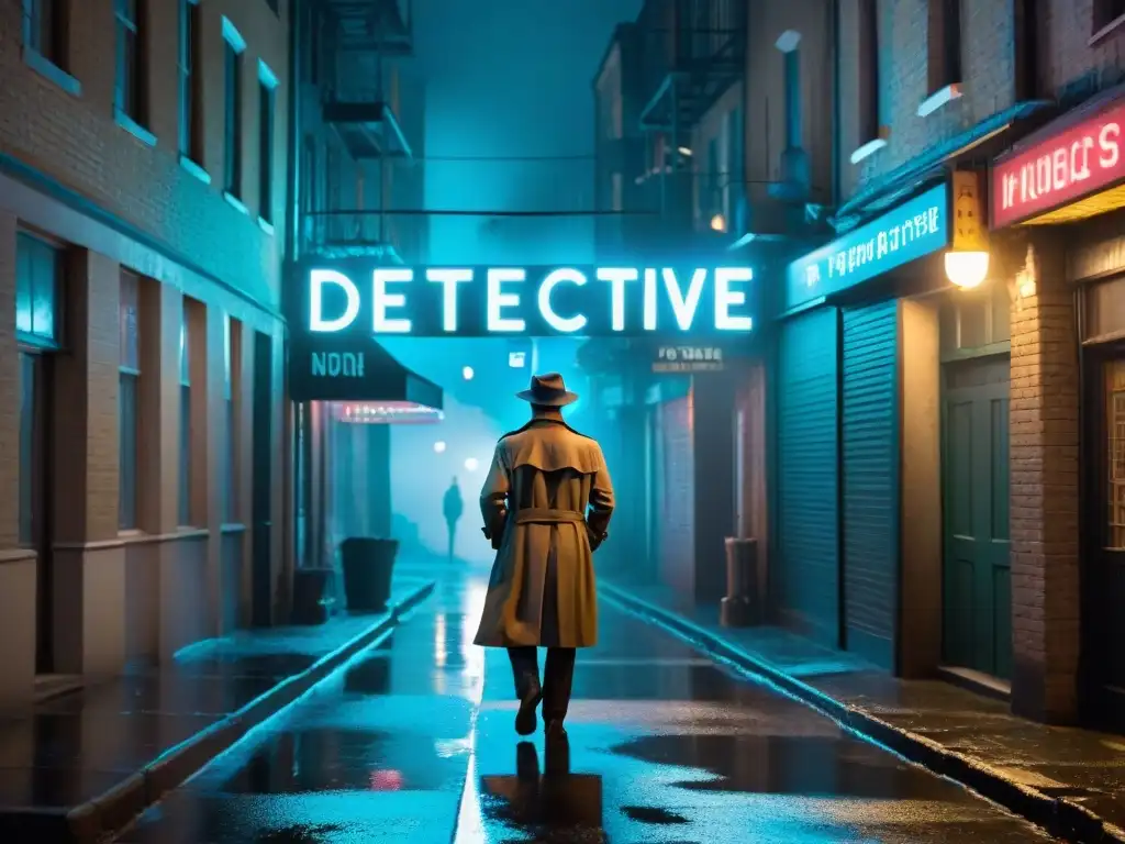 Un detective en un callejón oscuro, iluminado por un letrero de neón, en un flashback de cine noir