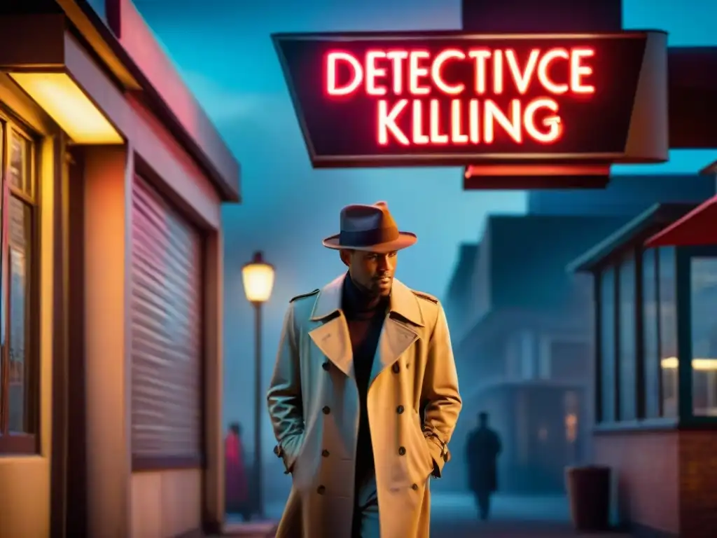 Un detective en un callejón oscuro, iluminado por una farola y un letrero de neón, evoca misterio en 'The Killing' temporada 3 análisis detectives