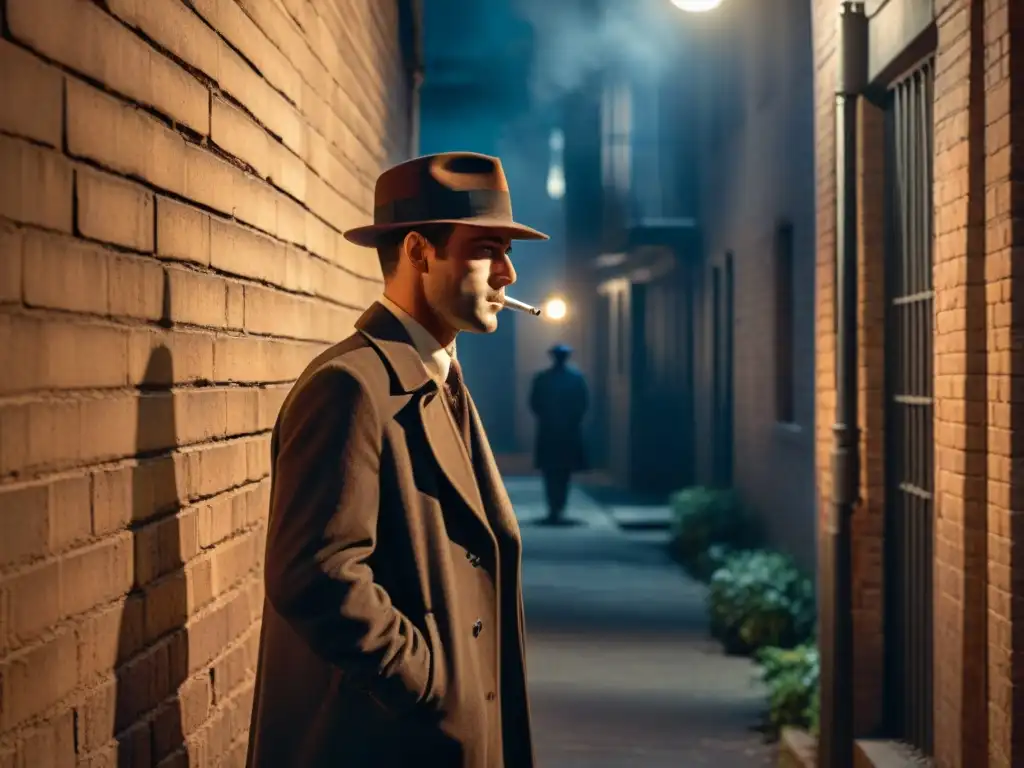 Un detective en un callejón oscuro, iluminado por una farola vintage, en un ambiente de misterio y intriga