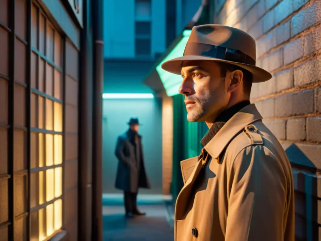 Detective en callejón nocturno: misterio y peligro Un detective en un callejón oscuro iluminado por una farola, con un ambiente de misterio y peligro