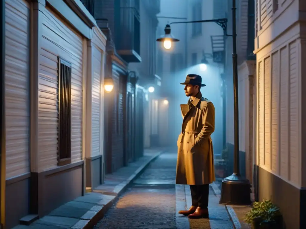 Detective en callejón oscuro: misterio y suspense Un detective en un callejón oscuro, iluminado por una farola solitaria, en una noche brumosa llena de misterio