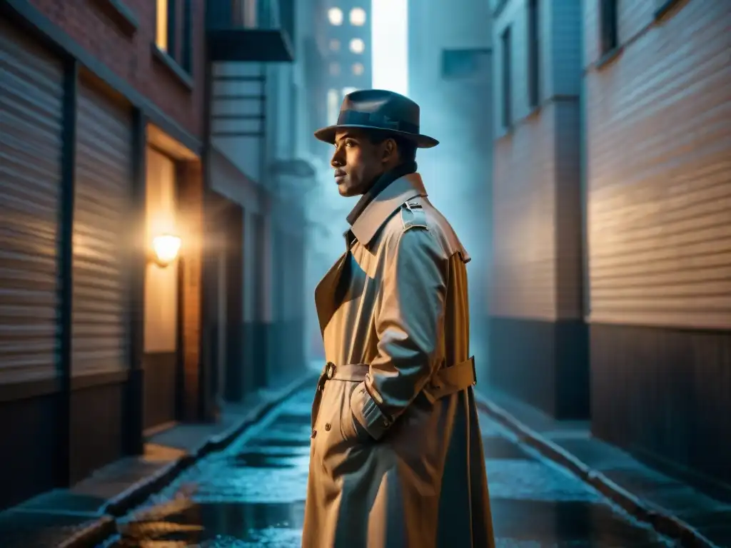 Un detective en un callejón oscuro, iluminado por una farola, refleja la Psicología del detective cine