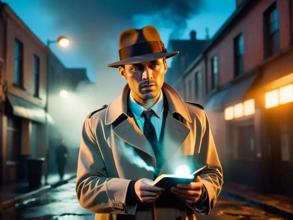 Un detective en un callejón oscuro, iluminado por un letrero de neón, con expresión decidida y magnifying glass