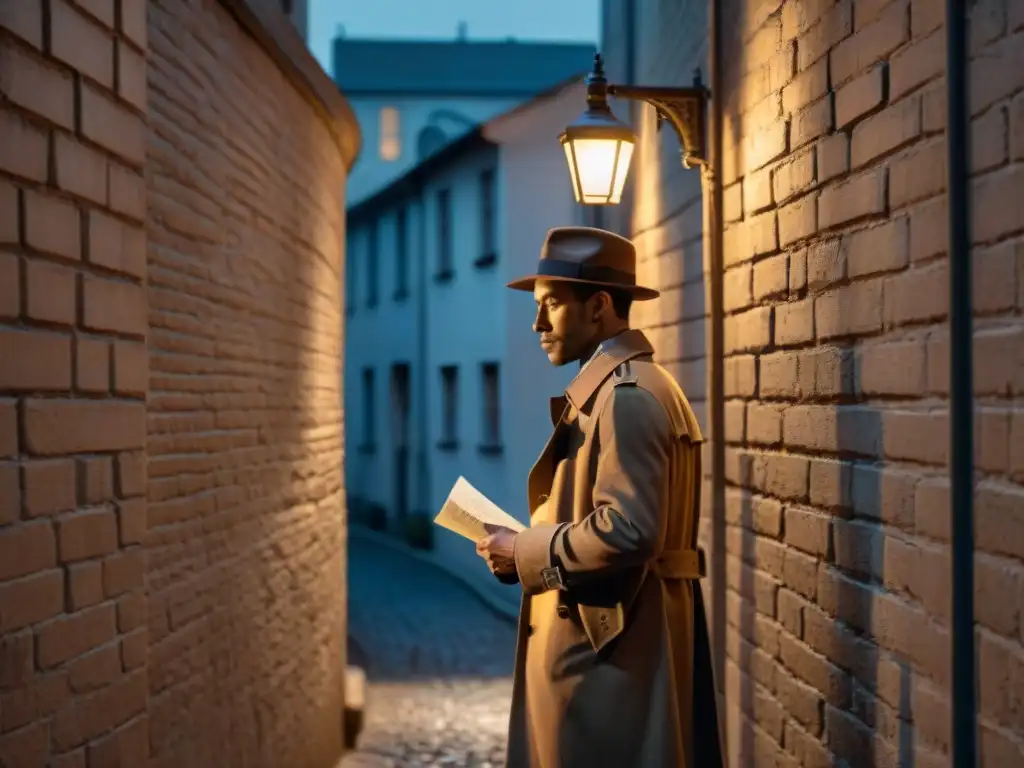 Un detective en un callejón oscuro, iluminado por una farola, examina una misteriosa carta de amor