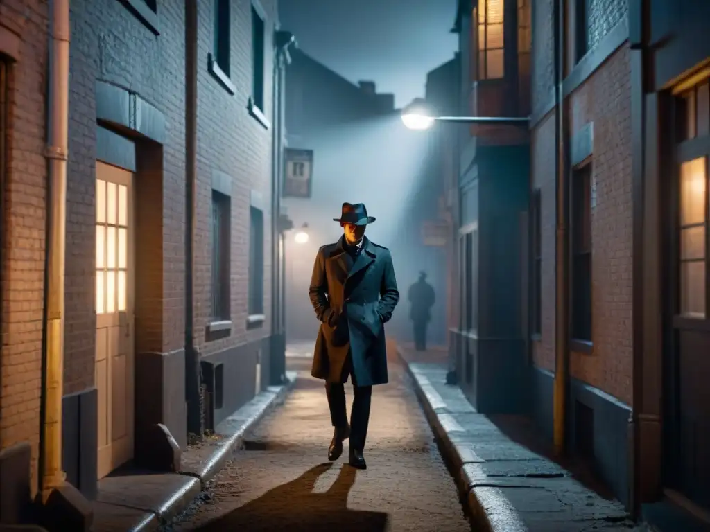 Un detective en un callejón oscuro, iluminado por la luz de una farola