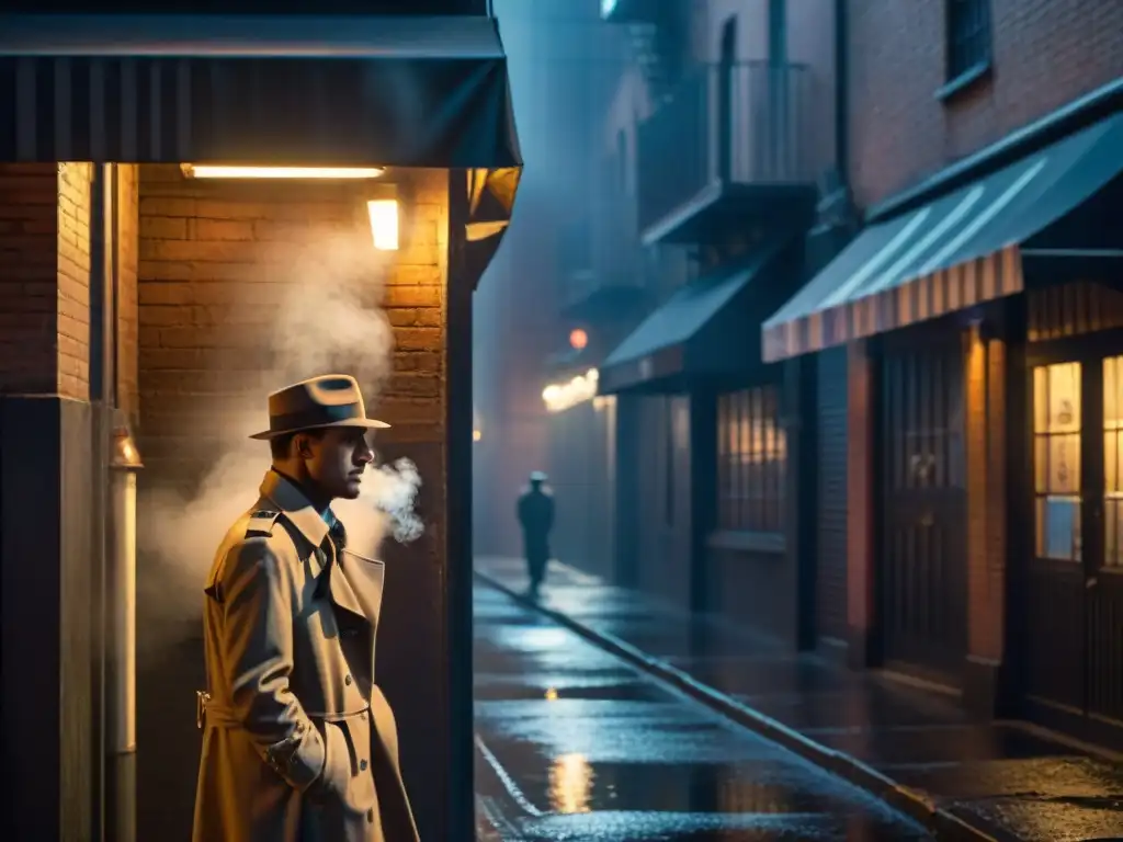 Un detective en un callejón oscuro iluminado por un letrero de neón, evocando el ambiente de los mejores box sets detectives