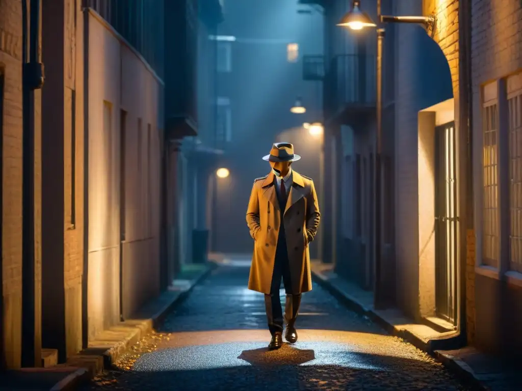 Un detective en un callejón oscuro, iluminado por una farola