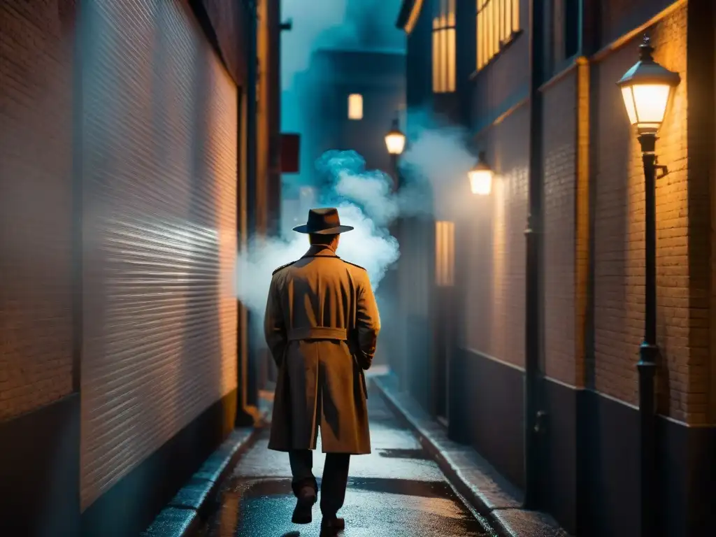 Detective en un callejón oscuro iluminado por una farola, ambiente de misterio y sombras largas