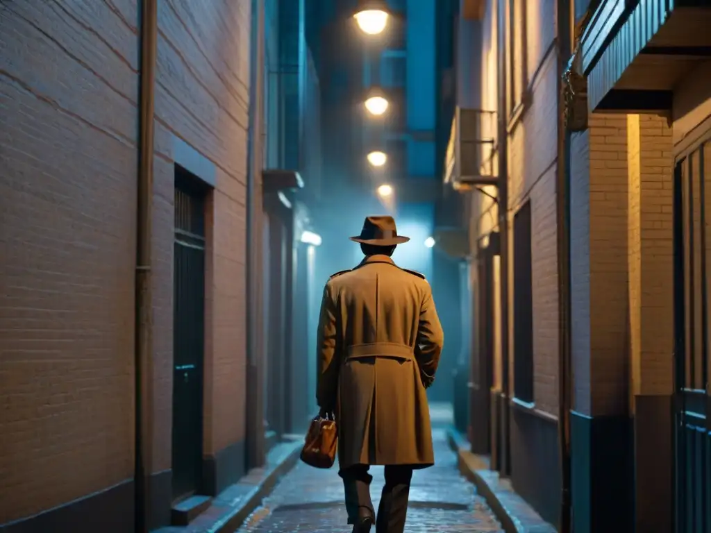 Un detective en un callejón oscuro, iluminado por una solitaria farola