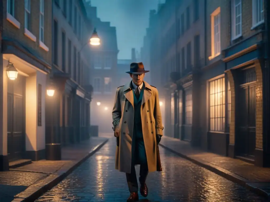 Detective en callejón nocturno: misterio y sombras Un detective en un callejón oscuro, iluminado por una farola, investiga un misterio