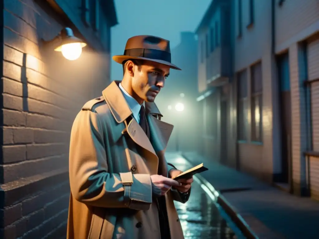 Un detective en un callejón oscuro, iluminado por una solitaria farola, investigando una pista